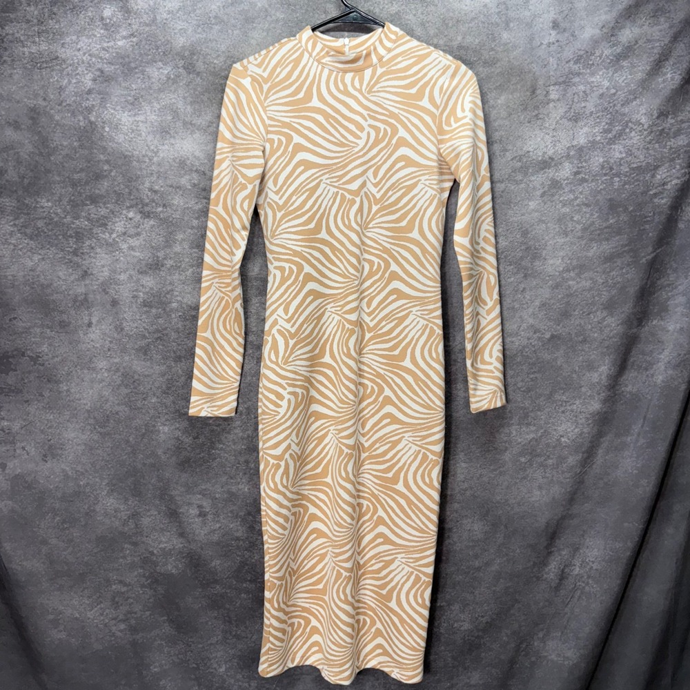 Ted Baker Villani Zebra Print Mock Neck Bodycon Midi Dress Size 1 Tan White